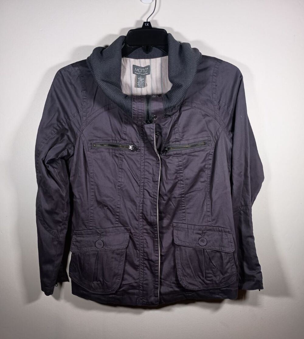 NWT Motto Lined Womens Gray Cotton Cowl Zip Snap Utility Jacket Size Small